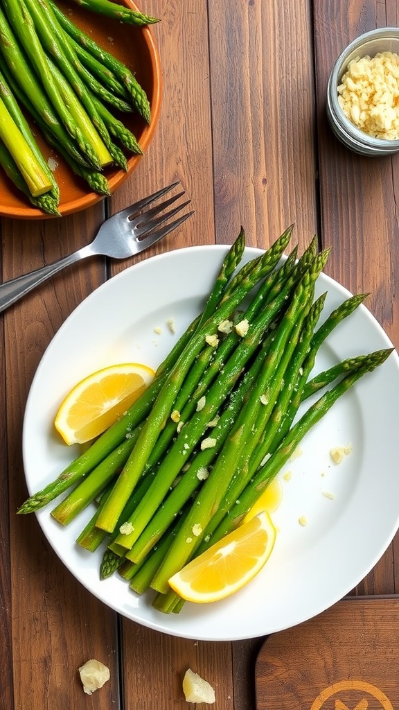 Sautéed asparagus densiflorus with garlic and lemon on a white plate with a lemon wedge.